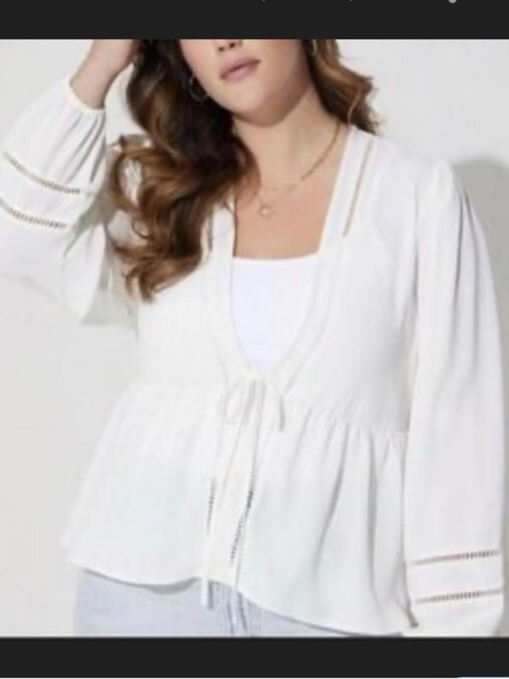 Women's White Tie-Front Peasant kimono cover up